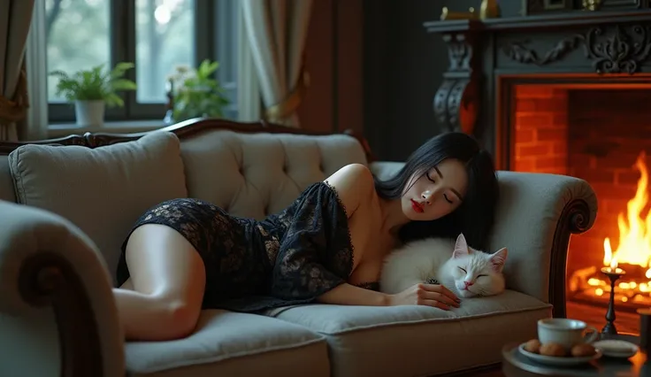 A stunning Chinese woman with glowing skin, big breast, sexy, GREAT, with long straight black hair, blue eyes, piercing gray eyes, thick red lips with lip-gloss, she wears a short black lace robe, unfolded in front, barefoot, she is sleeping eyes closed on...