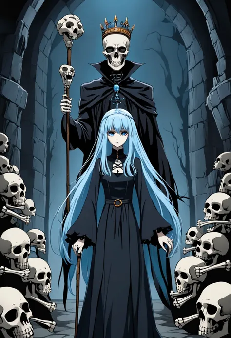  anime style .  A young witch with long light blue hair.He has a crown of bones and skull on his head. She wears a long black and blue dress . She wears a bone-shaped cane .  Behind her there undead .