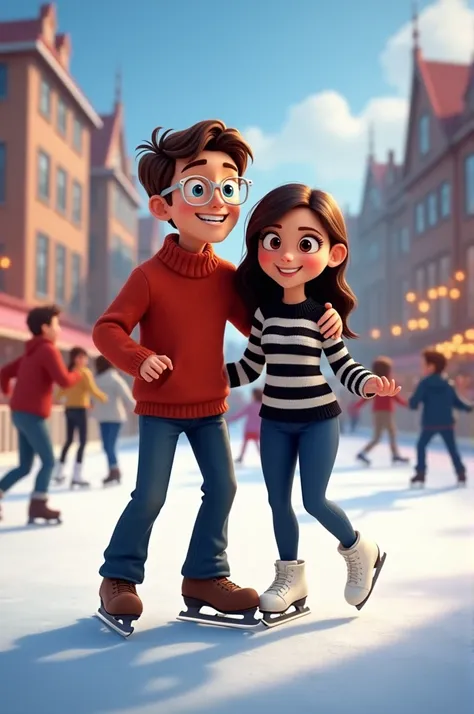 An animated woman with dark brown hair and brown eyes wearing a black and white striped sweater wearing ice skates on an ice skate rink skating next to a man with brown hair and blue eyes wearing white rimmed glasses and a red sweater with people skating i...