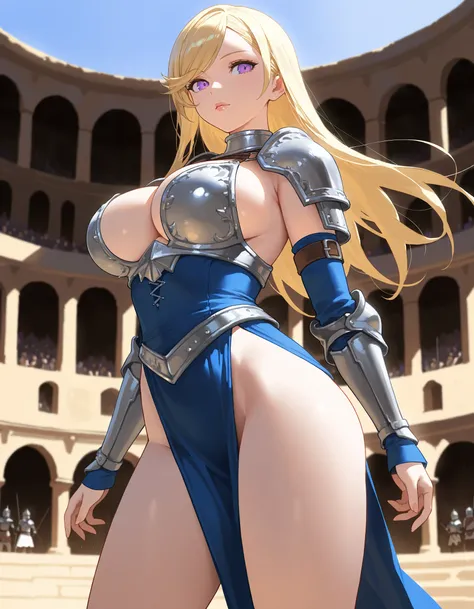 masterpiece, best quality, illustration, 1girl, blonde hair, purple eyes, long hair, swept bangs, large breasts, silver armor, blue dress, revealing clothes, bikini armor, thighs, detached sleeves, fantasy medieval, lips, outdoors, arena, colosseum