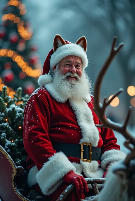 cat ears、Santa Claus suit with boots、 comical, wish, naughty , naive smile, (( Fine facial features , Open mouth, )), cinema lighting, realistic, 8k, cinematic composition, dark and moody atmosphere, dramatic shadows, intricate and elaborate patterns, 30 m...