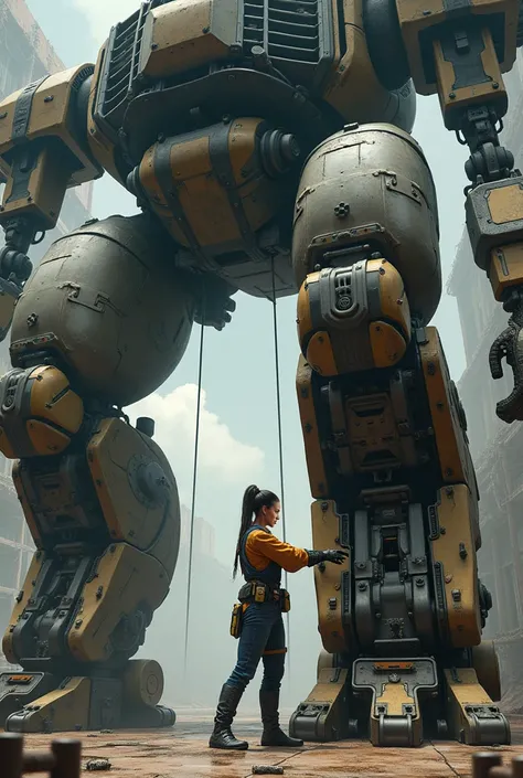 Create realistic woman system engineer repairing giant robot uses reference image