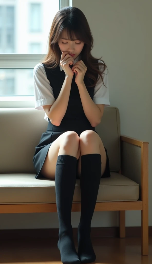 ( Photorealism:1.2),   full body image 、Beautiful Japanese model holding socks in one hand and suppressing embarrassing impulses while sniffing socks、39; thick legs, Women wearing black stilettos&#39;s uniforms, 39; office workers business uniform 、Bitter ...