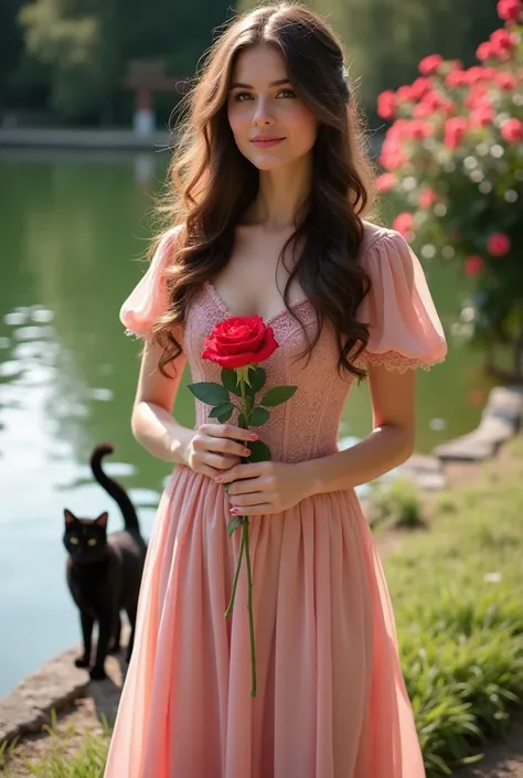 "A beautiful woman with long, wavy brown hair holding a red rose. She is wearing a classic, vintage-style pastel pink dress. The dress is detailed with intricate designs and patterns, giving it an elegant and timeless look. She is standing next to a cute b...