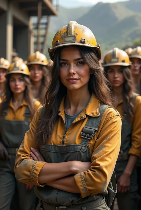 BEAUTIFUL WOMAN WITH A MINING HELMET WITH OTHER WOMEN WORKERS TOGETHER AT NAVID IN THEIR JOBS