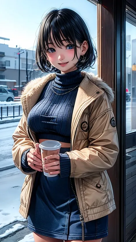  girl、 bob cut、smile、saggy breasts、Winter clothes