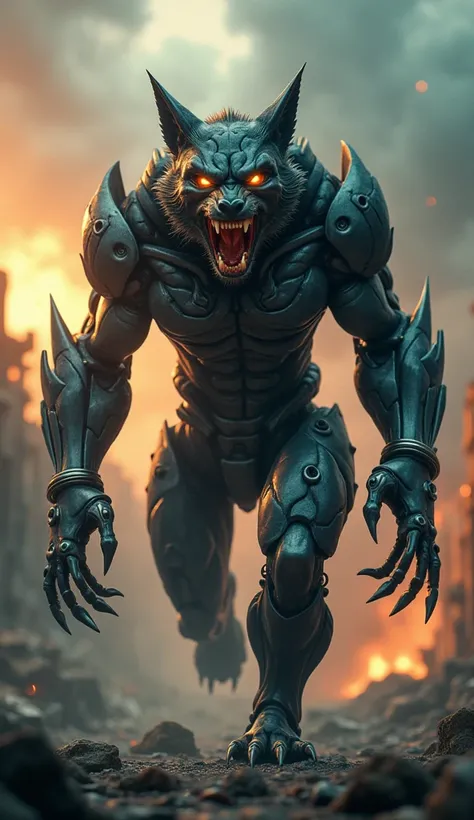 Create an 8K ultra-detailed image of a monstrous hybrid creature combining features of a caravan and a wolverine. The entity is terrifying and seamless, blending the caravan’s metallic structure, wheels, and glowing headlights with the wolverine’s muscular...