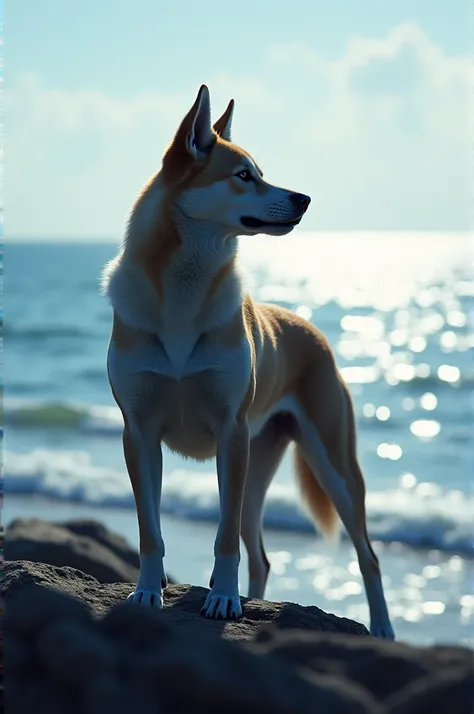 A dog stand front of sea