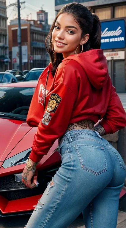 Cinderella with tattoos, grills, Smiling, brown eyes, Hoop earrings, from the hood, Guns in her hand, red hoodie skin-touch choose jeans pant,gronze , Lamborghini in the back, HD wallpaper high resolution 20years old girl Slender legs gorgeous model ultra ...