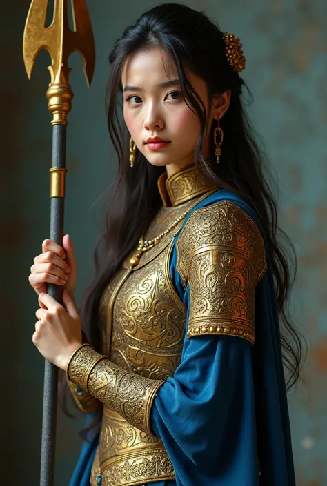 A young woman, berambut blue muda,  is wearing an intricate and beautiful gold war shirt .   She has a beautiful face with a calm expression and a straight gaze towards the viewer.   His hair is long and beautifully unraveled .  His body is proportioned an...