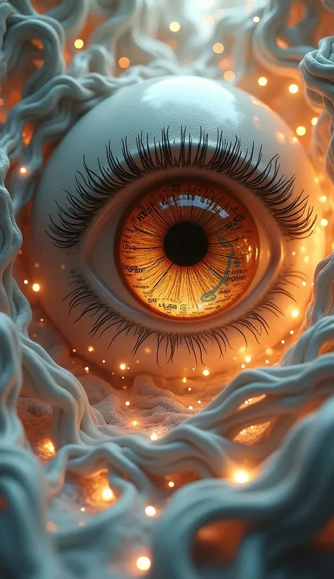 3D surreal interpretation of Combined Type ADHD: A colossal, hyper-detailed hazel eye emerges as the central anchor, surrounded by a swirling vortex of fragmented forms and textures. The iris reflects fleeting glimpses of movie quotes and song lyrics, thei...