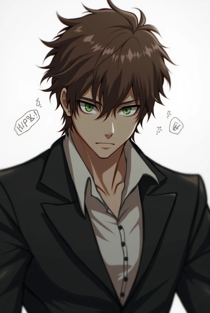 1male, solo, High Resolution, Looking at viewer, Brown Hair, Green eyes, Blazer, Intimidating, Anime style, Simple background, Masculine