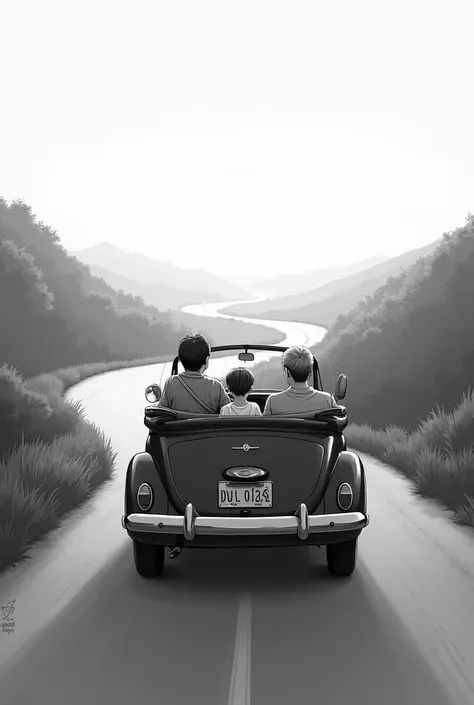 Family riding in cars to go on a trip in black and white to draw 