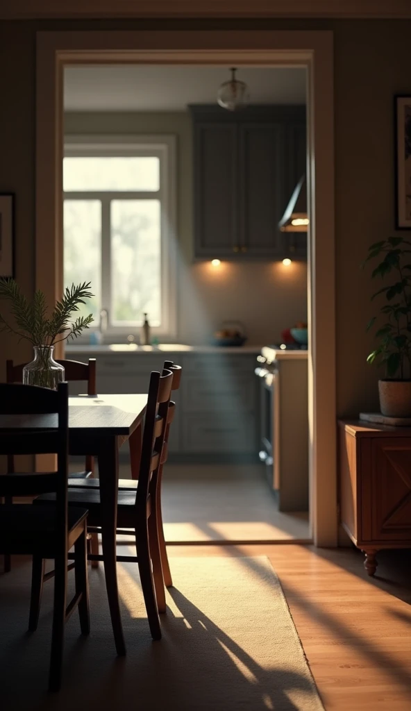 A blurry dining room with a beautiful kitchen at night. 