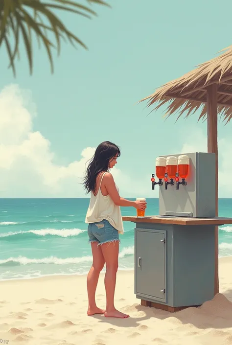  Create an illustration of a person wearing beach clothes buying draft beer, A self-service add details to the faucets and drip pans ,  color in shades of greyish blue , Shades of sand and opaque red . 