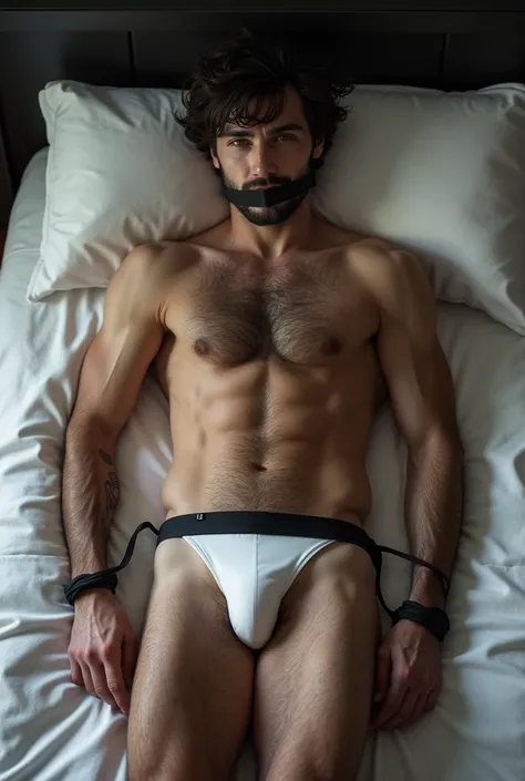 A slim young Russian guy with dark hair is laying on a bed. He has a lot of body hair on the chest and legs. He is wearing tiny tight small low hip white bikini briefs. His hands are tied to the bed headboard and his feet are tied to the bottom of the bed....