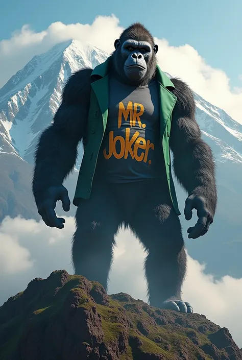 Generate image of king Kong which wearing the t-shirt with coat which write MR JOKER when it on top of mountain kilimanjaro 