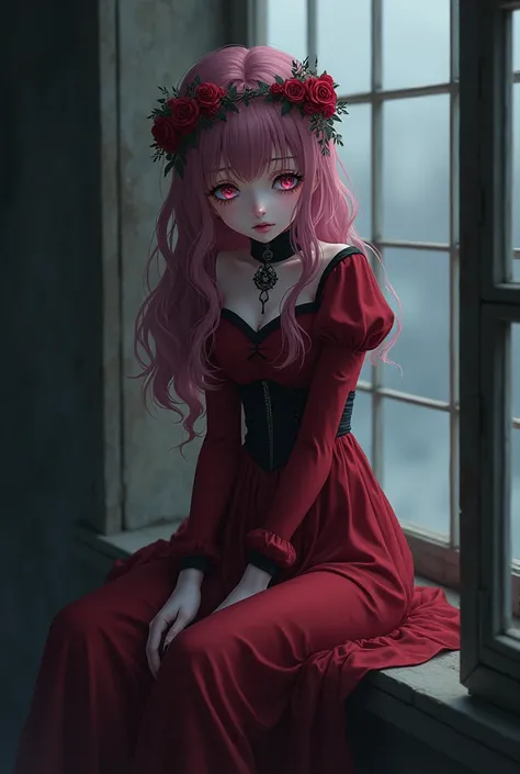 Boku no hero schrenshot ,A light-skinned woman, wavy magenta hair ,  big red eyes with long eyelashes ,  with piercings in her mouth and nose ,  she has a sad expression and tears in her eyes while sitting on the edge of a window,  she is wearing a medieva...