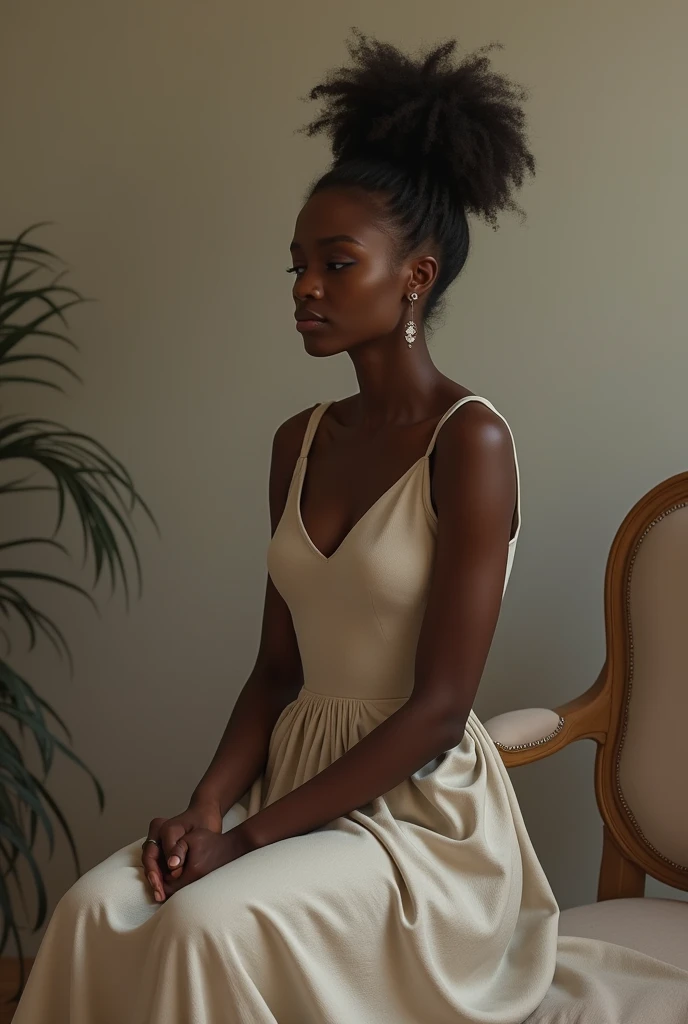 A black woman in a decent dress sitting and looking peaceful 