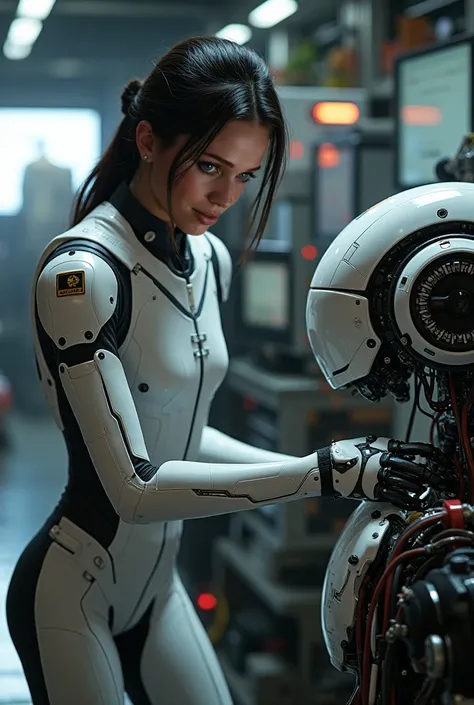 Create realistic sexy woman system engineer repairing robot uses reference image