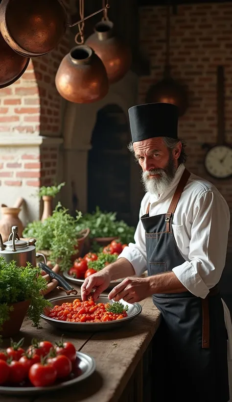 18th century Italian chef cooking with tomatoes :  A historic scene of an Italian chef preparing a dish with tomatoes,  in an old kitchen with fresh ingredients in sight .