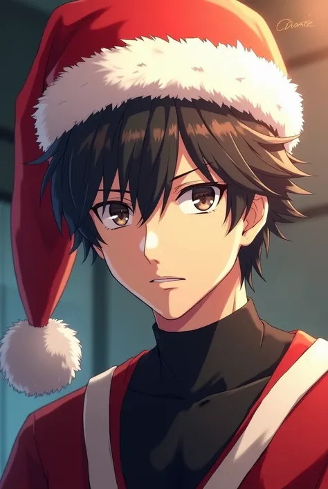 Saturo gojo a man from jujitsu kaisen anime with short hair wearing santa claus hat