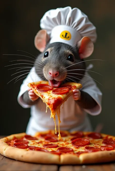  A hyperrealistic image of a rat wearing a chefs hat and apron biting off a piece of pepperoni pizza the uniform of the rat with the logo of (Bite the pasta )  in white with yellow and let the rat drool hang from hunger  