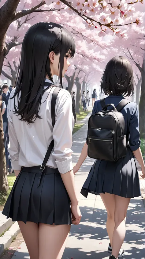 ultra-realism,  Under the cherry tree, A place where high school girls walk facing their backs, Black hair 