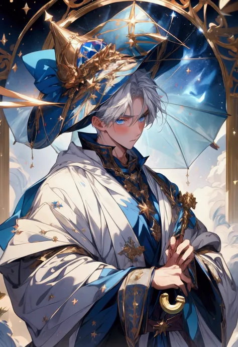 (8k,  best quality, masterpiece : 1.2),  super high resolution with two hands, ((1 man)), white hair,  blue-eyed person wearing an umbrella, Star decoration,  Fantasy Style Gold Ornament Blue Wizard Clothes, derision, A little blush, Good looking, School o...