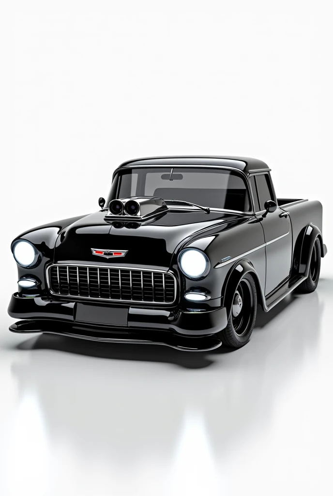 "A captivating image of a futuristic 1955 Chevy El Camino, featuring a sleek and pristine shiny black exterior with modern, state-of-the-art enhancements. The front-side view of the El Camino highlights its bold grille, sharp headlights, and aerodynamic de...