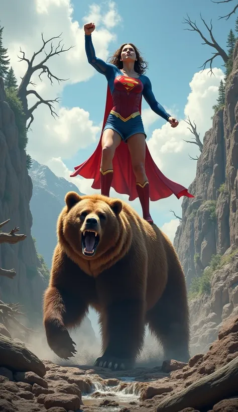 On a rocky mountainside, Superwoman stands atop a roaring grizzly bear, her fist raised, the surrounding trees broken from their intense clash.