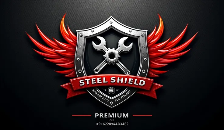 Design a logo featuring a shield with a wrench and gear intersecting in the center of a circular metallic silver background. Surround the circle with red flames extending outward on both sides. Below the circle, include bold silver text reading “STEEL SHIE...