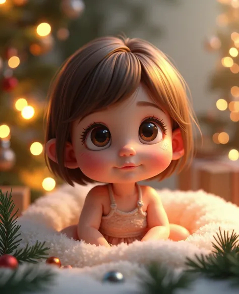  Of a small baby with straight and short brown hair and a dress, Christmas background cute 3D representation , arte digital