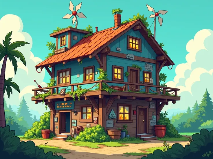 A handmade post-apocalyptic house with a colorful, cartoonish design in a cel-shaded style reminiscent of games like Raft and Stray. The house is built with scavenged materials like wood, metal sheets, and tarps, with creative additions such as mismatched ...