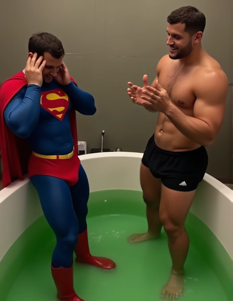 Superman was soaking in a bathtub filled with green liquid. Superman was confused and dizzy. He pressed his temples with his hands, feeling nauseated and sweating. A 28-year-old male spy with abs wearing black swimming trunks stood nearby. The male spy cla...