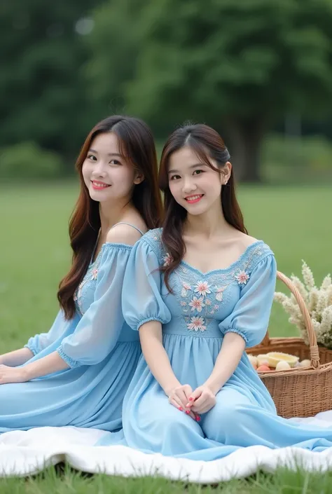 Candid outdoor photograph of 2 beautiful Asian women a picnic on a grassy field. The layout features a neatly arranged picnic setup with a white blanket, . the woman was wearing a blue dress intricately embroidered with flower. Both of them sat on the blan...