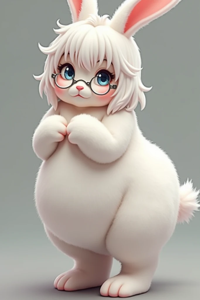 Anthro furry white bunny giel, thick thighs, short, wide hips, big ass, d sized tits, chubby and curvy, blue eyes, short white wavy hair with bangs. Innocent looking with silver framed glasses*