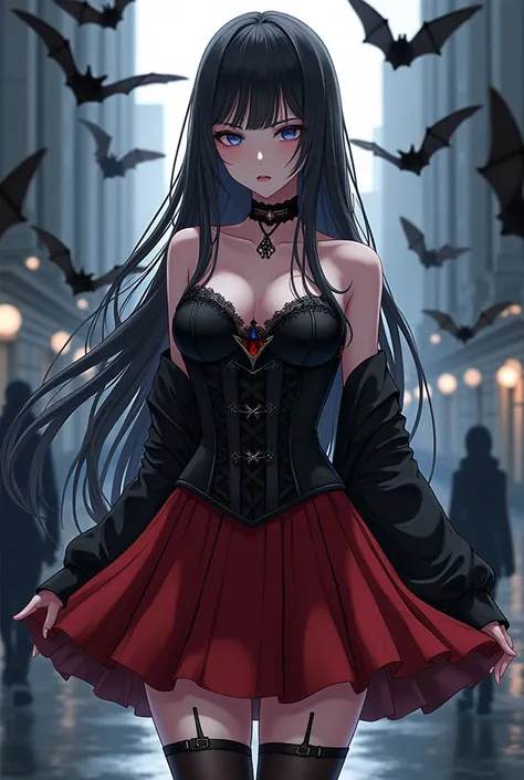  General full body anime style.Use that head  . She has a black corset .  She wears a squared schoolgirls skirt in red.  She has black bats . Black stockings .  Behind her there is a square and people walking  