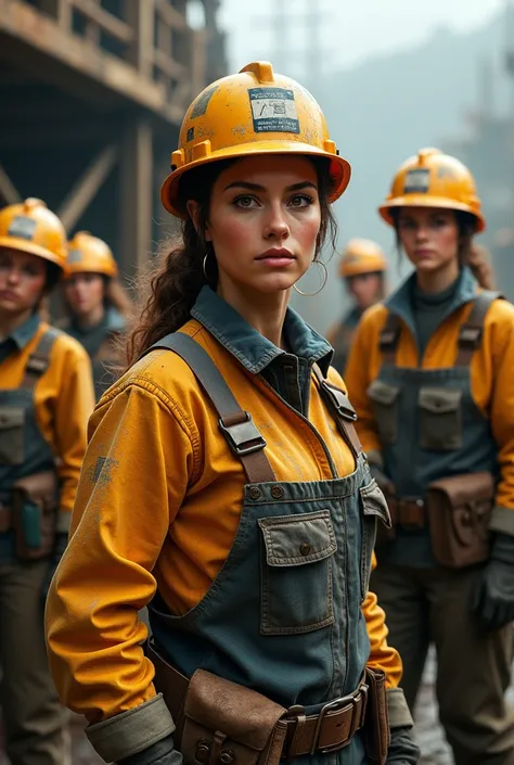 BEAUTIFUL WOMAN WITH A MINING HELMET WITH OTHER WOMEN WORKERS TOGETHER AT NAVID IN THEIR JOBS