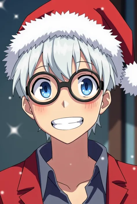 Saturo gojo a man from jujitsu kaisen anime with short hair wearing santa claus hat with white hair and blue eyes and black round galsses with a big grin with a black glasses