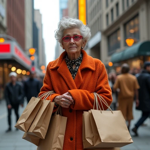 Yobo Yobos old woman is walking around New York with lots of paper bags in flashy makeup and fashion