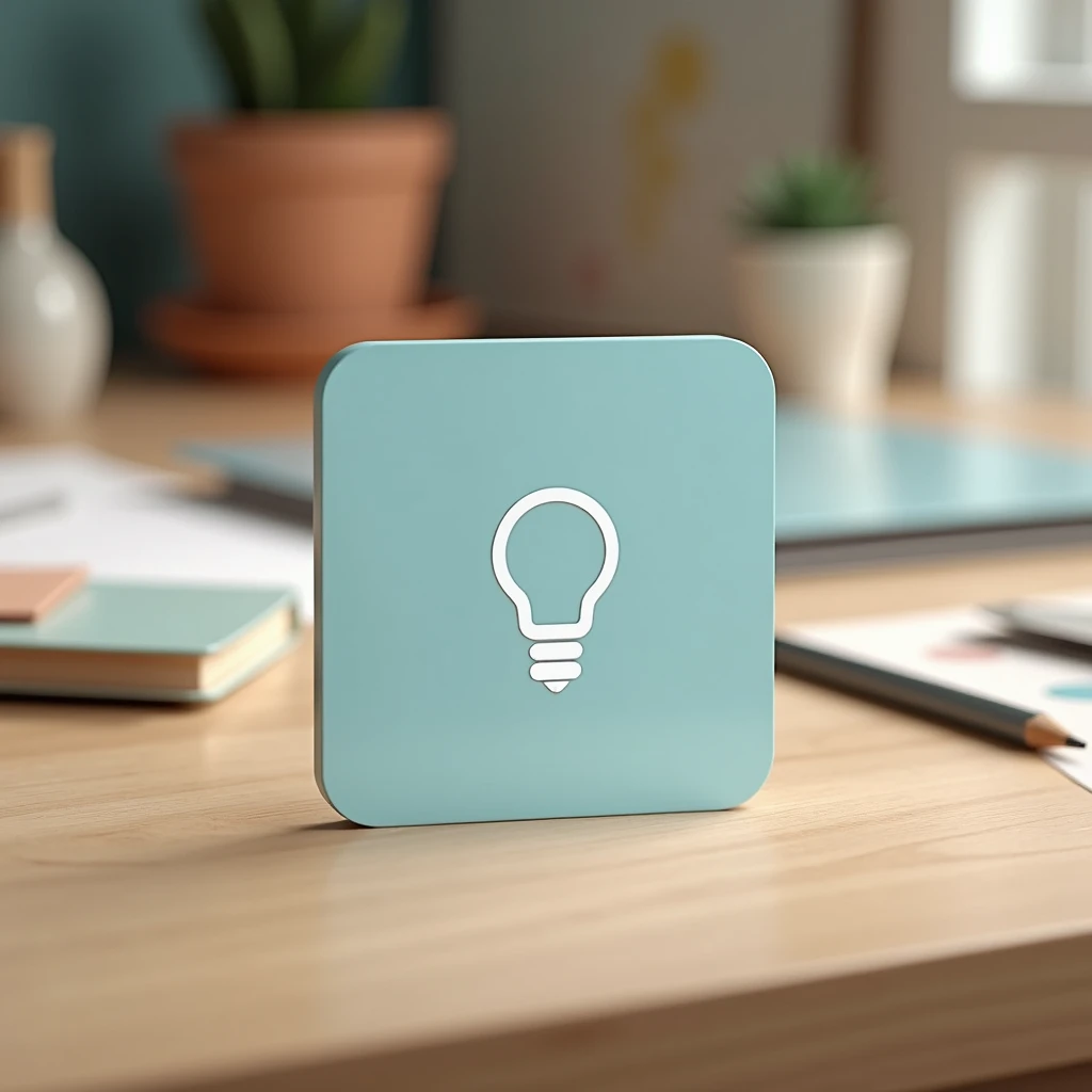 A photorealistic image of a tiny, square PVC sign measuring about 7cm by 7cm and 3mm thick, resting flat on a smooth wooden tabletop in a cozy, modern print studio. The sign’s surface is a soft pastel blue, adorned with a small, minimalist white icon of a ...