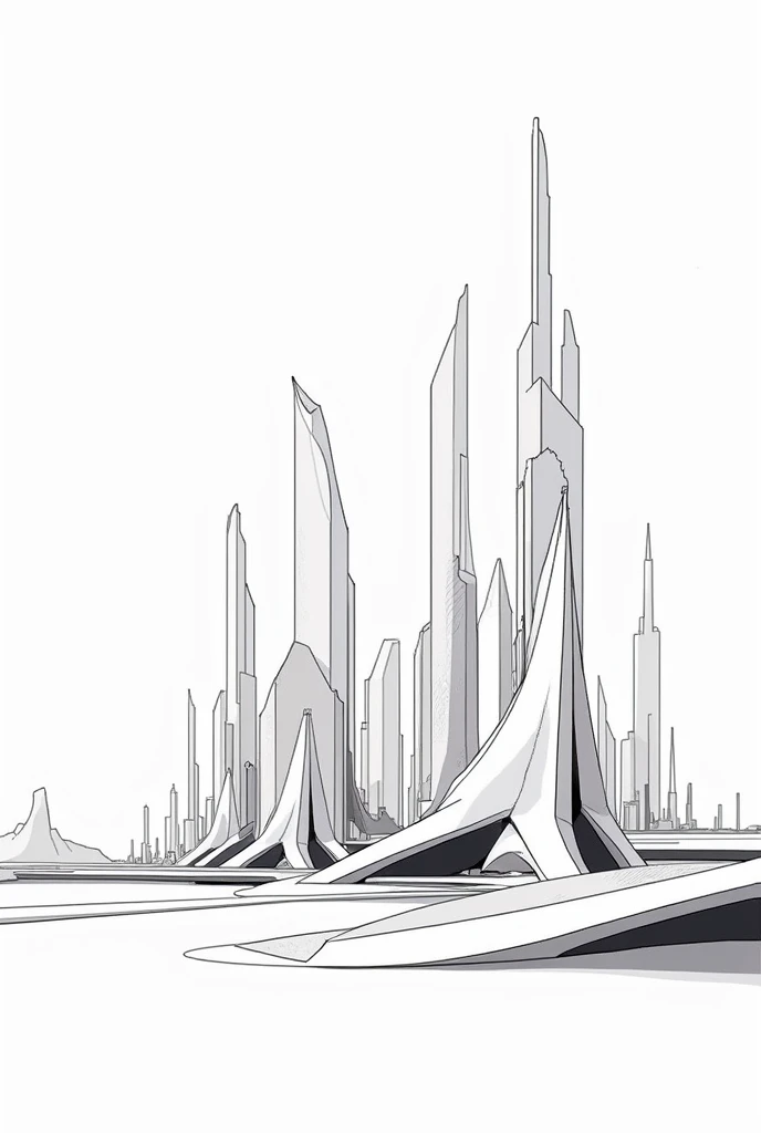 b&w architecture, black and white, line drawing, simple , city, interesting, fantastic, no circles, futuristic