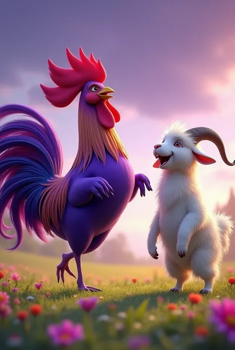 A purple rooster dancing while an 
old angora goat is laughing 