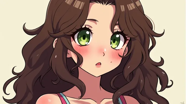 anime style(( 21 years old)), girl,  white skin ,  medium long curly brown hair,    freckles on the cheeks , with a mole under one eye and on one side of the chin,  green eyes with a mischievous look , pink and plump lips,  voluptuous and developed body