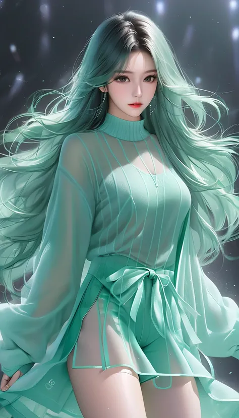 Super real, 1 Girl, Solitary, Long hair, (Sheer Dark Mint long Sweater、See-through)、Female K-pop idol, Perfect legs, large breasts 