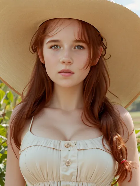 (best quality,4k,8k,highres,masterpiece:1.2),ultra-detailed,(realistic,photorealistic,photo-realistic:1.37), ((woman, summer dress, sun hat, shy, pale skin, whole body)), ((very large bust size for her young age)), braided red hair