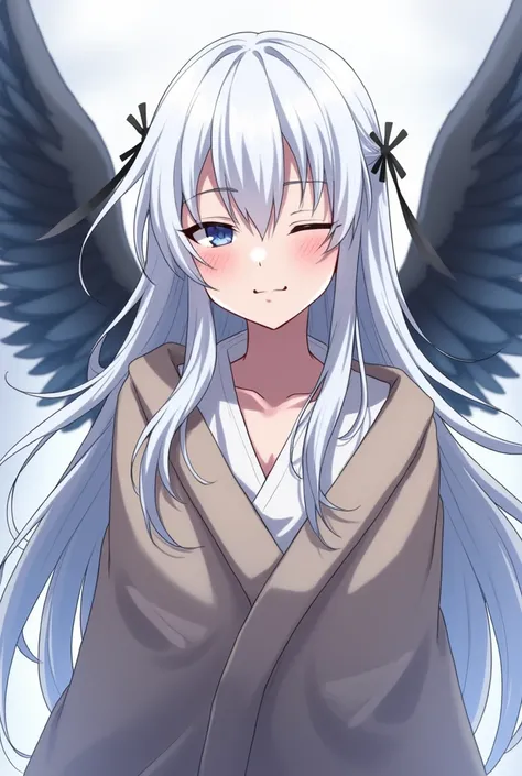 The long-haired woman with white hair ends with black ends has blindfolded wings with four wings closed to her eyes, and what about her back wings, 3 wings, 6 wings behind her back have 5 eyes. She is wearing a shawl and wearing a white shirt in anime.