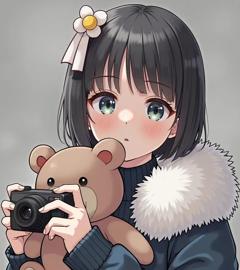 There is a woman taking pictures with her teddy bear,   dark haired Ishida Mizu-san  ,  princess cut, Chiho, She has dark hair with bangs , shikamimi,  short hair , Yoshitomo Nara,  Dilraba Dilmurat ,  neat hairstyle with bangs , Teshirogi Shiori 