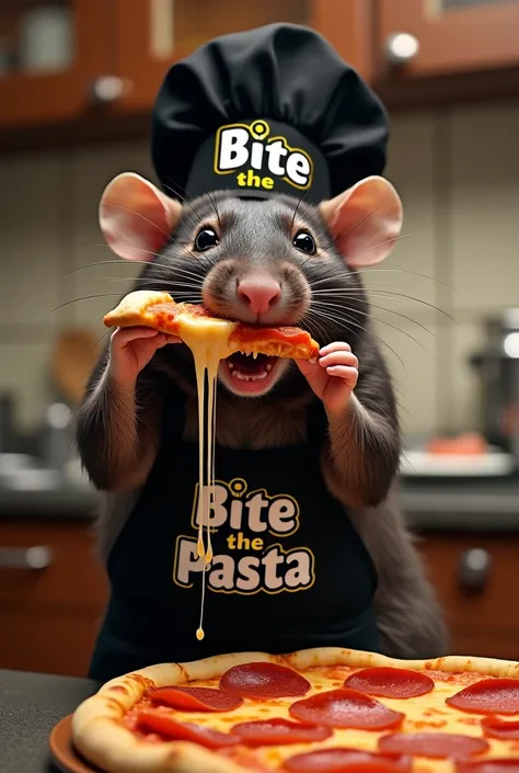  “A hyperrealistic image of a rat wearing a chefs hat and apron ,  both in black .  The apron and the hat clearly show the logo Bite the Pasta in white letters with a border bright yellow, clearly visible.  The rat is biting on a piece of pepperoni pizza ,...